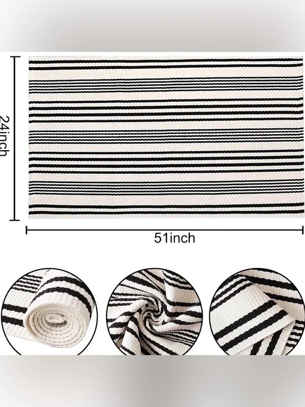 Black and White Striped Outdoor Rug 24'' x 51'' Farmhouse Front Porch Rug